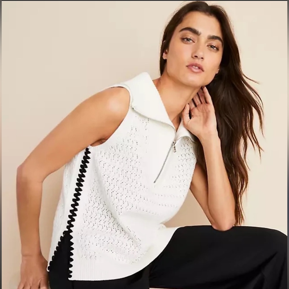 Lou and Grey Crochet Pointelle Half Zip Sweater Tank Top White